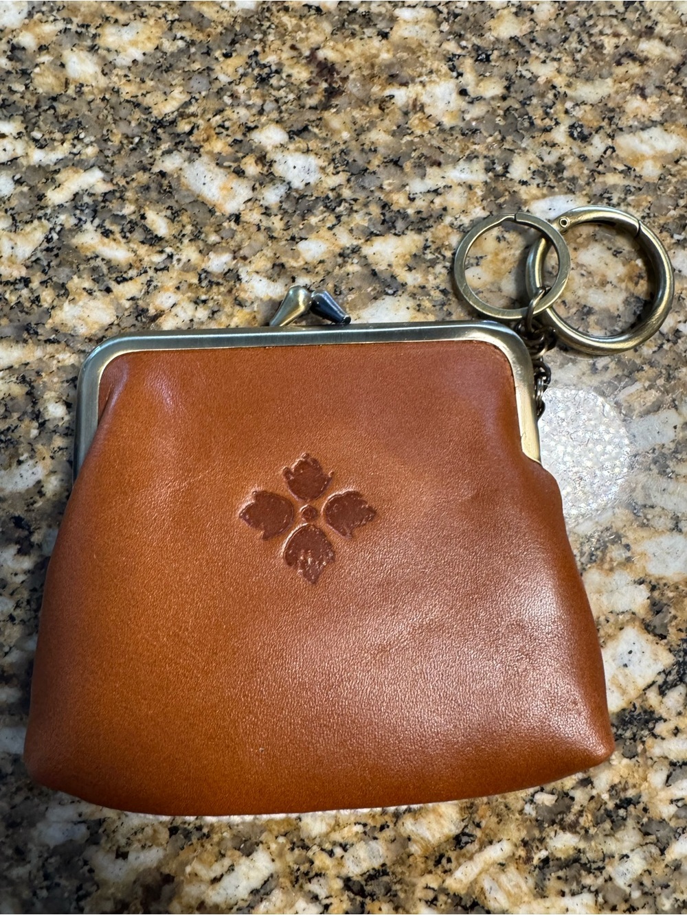 Patricia Nash Chestnut Brown Leather and Crochet Kiss-Lock Coin Purse Keyring